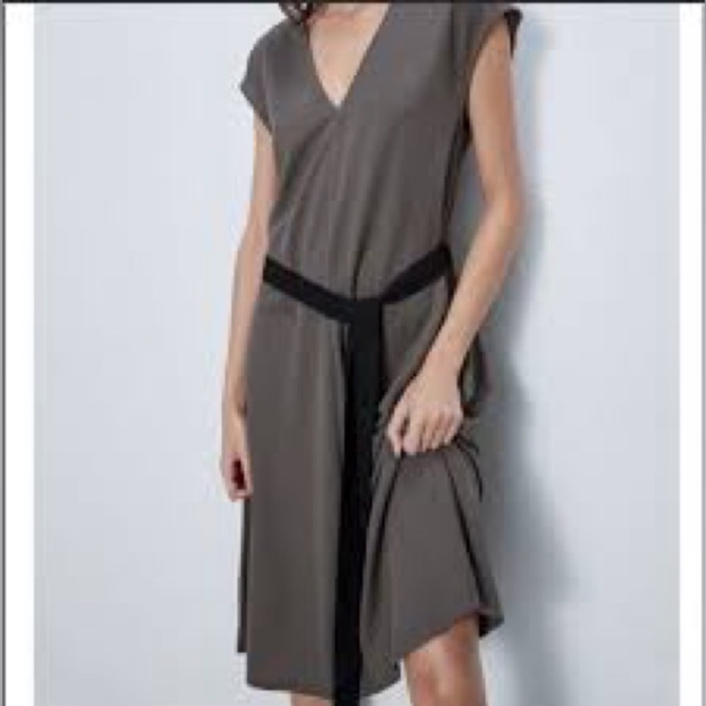 NWT Zara Dark Mink Gray Midi Dress Size L Contrast Tie Belt V-Neck Sleeveless